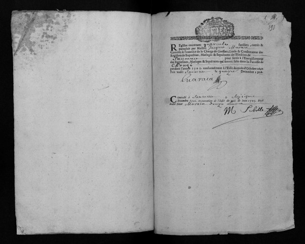 Collection communale. Baptêmes, mariages, sépultures, 1707-1711