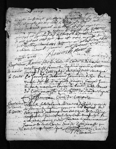Collection du greffe. Baptêmes, mariages, sépultures, 1727-1728