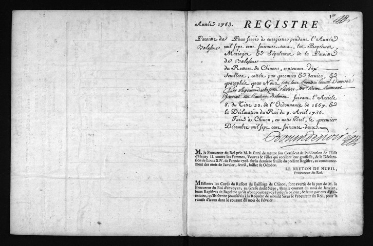 Collection du greffe. Baptêmes, mariages, sépultures, 1763