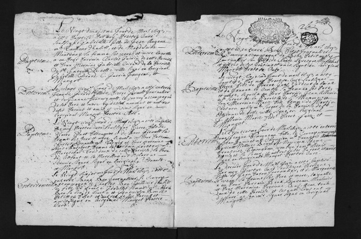 Collection du greffe. Baptêmes, mariages, sépultures, 1693