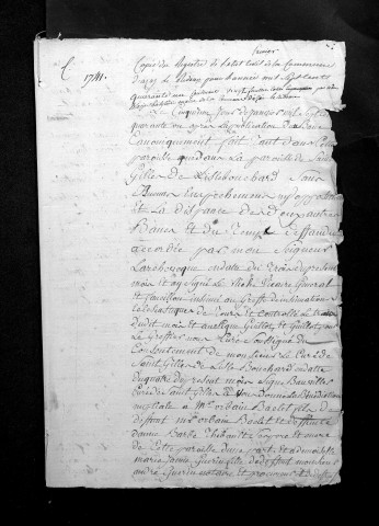 Collection du greffe. Baptêmes, mariages, sépultures, 1741