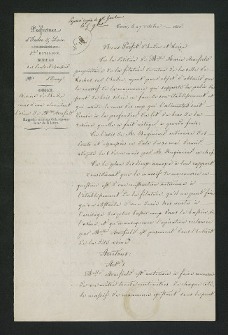 Demande de dérasement du massif de maçonnerie sous le pont face au moulin. Autorisation (27 octobre 1830)
