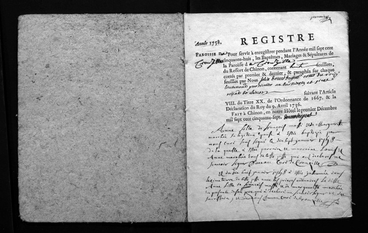 Collection du greffe. Baptêmes, mariages, sépultures, 1758