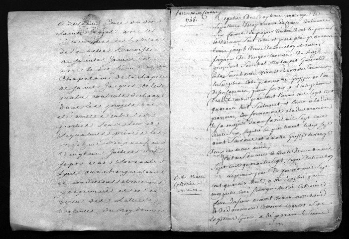 Collection du greffe. Baptêmes, mariages, sépultures, 1748