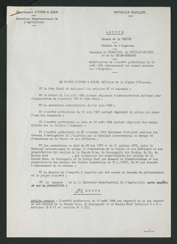 Arrêté préfectoral portant modification du règlement d'eau de la rivière de l'Aigronne (30 avril 1975)