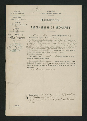 Récolement des travaux prescripts pour le déplacement du déversoir (13 août 1896)