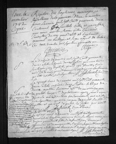 Collection du greffe. Baptêmes, mariages, sépultures, 1742