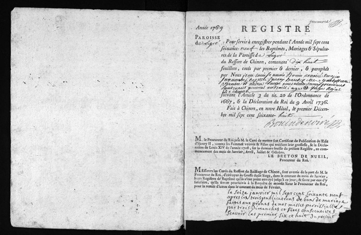 Collection du greffe. Baptêmes, mariages, sépultures, 1769