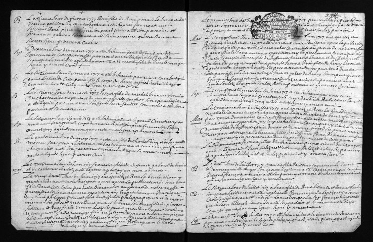 Collection du greffe. Baptêmes, mariages, sépultures, 1717-1719