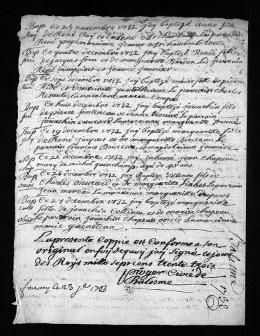 Collection du greffe. Baptêmes, mariages, sépultures, 1732