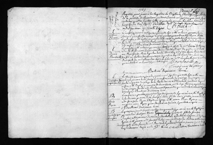 Collection du greffe. Baptêmes, mariages, sépultures, 1747