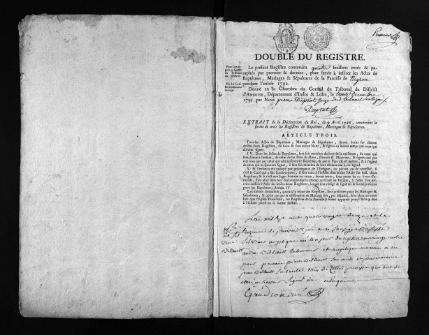 Collection du greffe. Baptêmes, mariages, sépultures, 1792