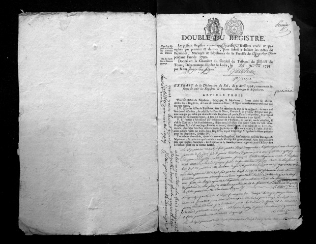 Collection du greffe. Baptêmes, mariages, sépultures, 1792-1793