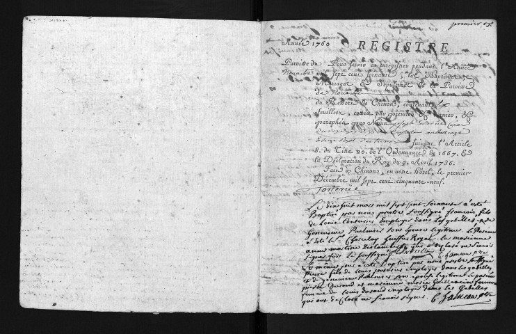 Collection du greffe. Baptêmes, mariages, sépultures, 1760