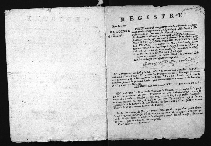 Collection du greffe. Baptêmes, mariages, sépultures, 1791 - L'année 1792 est lacunaire dans cette collection