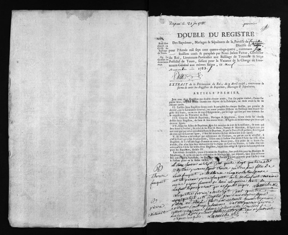 Collection du greffe. Baptêmes, mariages, sépultures, 1784