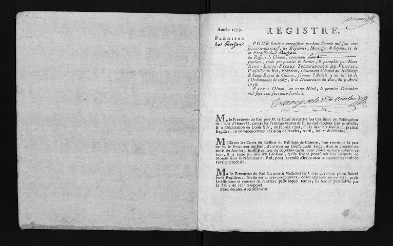 Collection du greffe. Baptêmes, mariages, sépultures, 1779