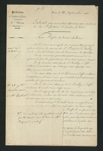 Arrêté préfectoral accordant un délais de deux mois pour l'exécutiond es travaux prescrits à MM. Bailby et Pichard (21 septembre 1832)