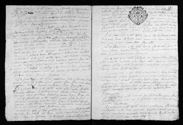 Collection du greffe. Baptêmes, mariages, sépultures, 1733-1734