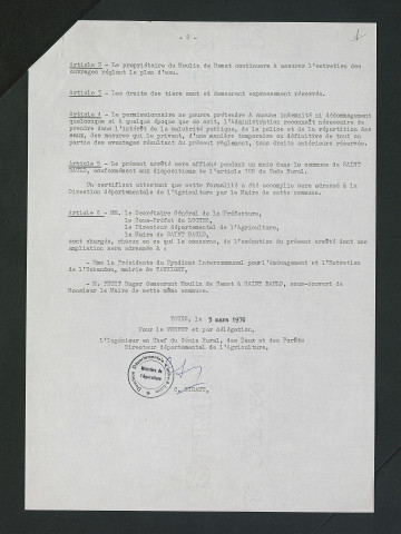 Arrêté autorisant la construction d'un déversoir au moulin (5 mars 1976)
