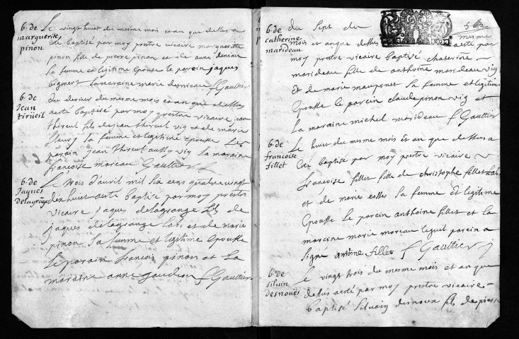 Collection du greffe. Baptêmes, mariages, sépultures, mars-octobre 1698 et 25 février-21 mai 1700 (fragments)