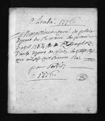 Collection du greffe. Baptêmes, mariages, sépultures, 1776