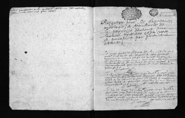 Collection du greffe. Baptêmes, mariages, sépultures, 24 février 1692-décembre 1692