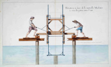 Elévation en face de la nouvelle machine à scier les pieux sous l'eau. [1807]. 1 plan : en coul.