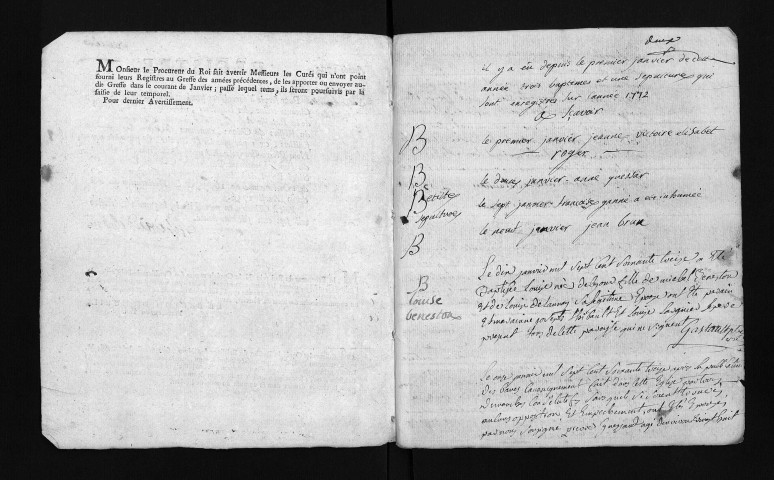 Collection du greffe. Baptêmes, mariages, sépultures, 1773-1774