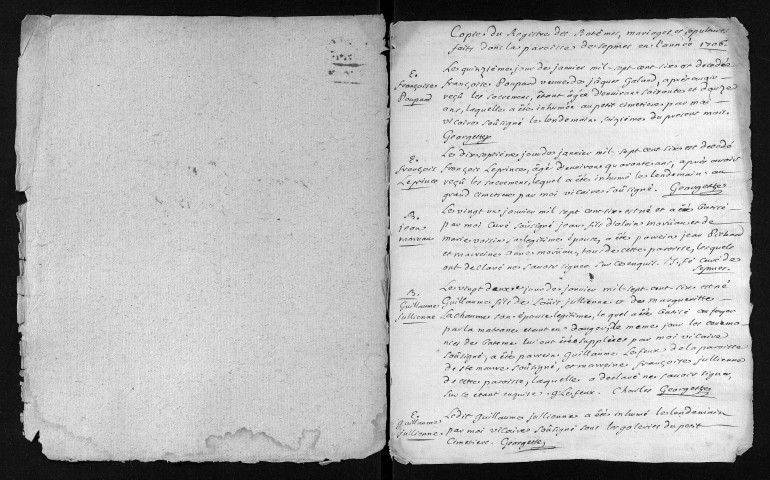 Baptêmes, mariages, sépultures, 1706