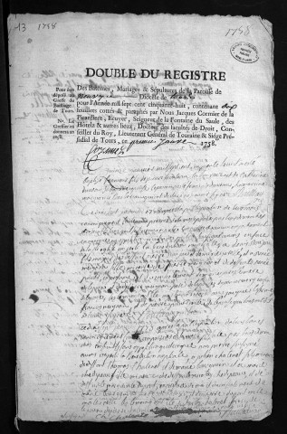 Collection du greffe. Baptêmes, mariages, sépultures, 1758