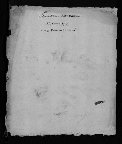 Naissances, mariages, décès, 1793-an X - Pour les mariages de l'an VII et de l'an VIII, se reporter à la municipalité de canton (Loches) - Lacune : fin de l'acte de naissance de François Villeneuve né le 28 vendemiaire an V de Jean Villeneuve et Jeanne Guitton