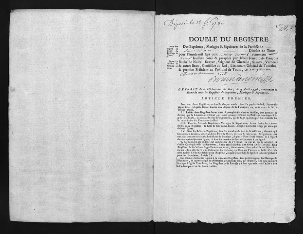 Baptêmes, mariages, sépultures, 1779