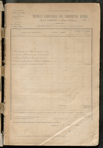 Augmentations et diminutions (1885-1891). Matrice des propriétés bâties, cases 1 à 1192 ; table alphabétique des propriétaires (1884-1911).