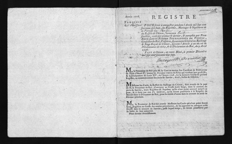 Collection du greffe. Baptêmes, mariages, sépultures, 1778