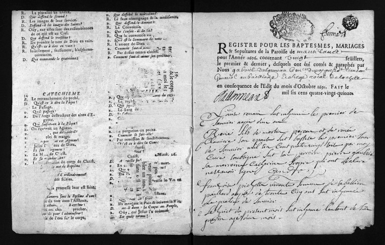 Collection du greffe. Baptêmes, mariages, sépultures, janvier-4 octobre 1696 - Les mois d'octobre à décembre sont lacunaires dans cette collection