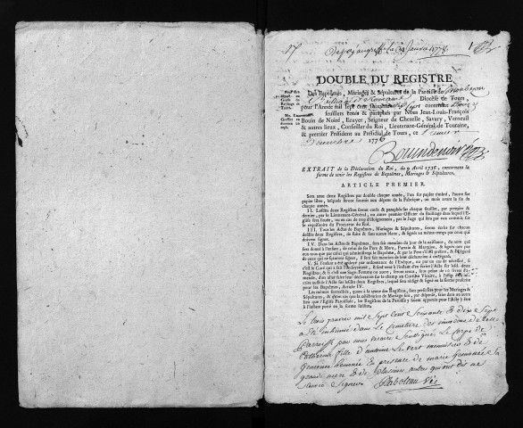 Collection du greffe. Baptêmes, mariages, sépultures, 1777