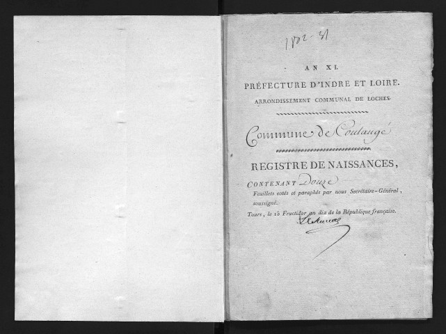Coulangé. Naissances, mariages, décès, an XI-1831 (date de rattachement à la commune de Villeloin-Coulangé).