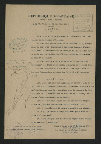 Arrêté prorogeant le délai d'exécution des travaux sur le vannage (25 novembre 1918)