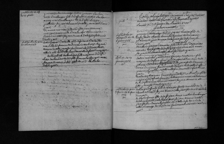 Collection communale. Liste des publications des bancs de mariages, 1753-1754 ; table alphabétique des mariages (commence à la lettre G), 1634-1700