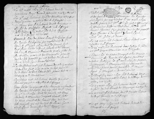 Collection du greffe. Baptêmes, mariages, sépultures, 1692-1693 - Les actes de baptêmes des mois de janvier à mars 1692 sont dans le registre de 1694.