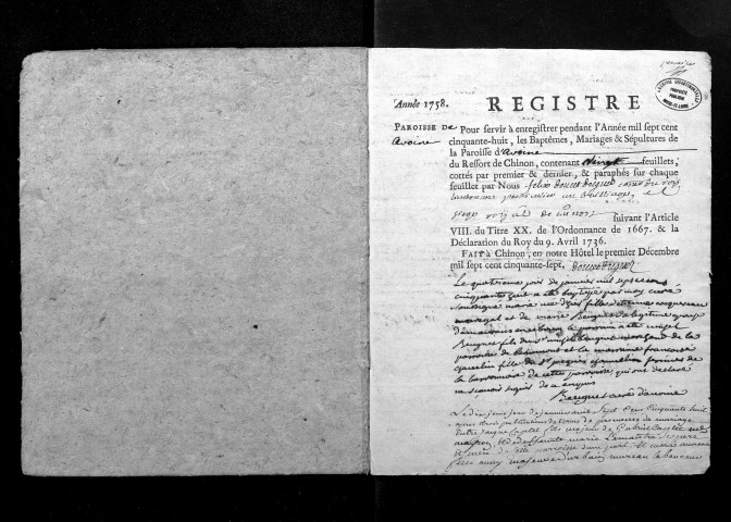 Collection du greffe. Baptêmes, mariages, sépultures, 1758