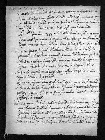 Collection du greffe. Baptêmes, mariages, sépultures, 1735-1736