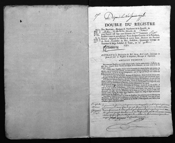 Collection du greffe. Baptêmes, mariages, sépultures, 1774