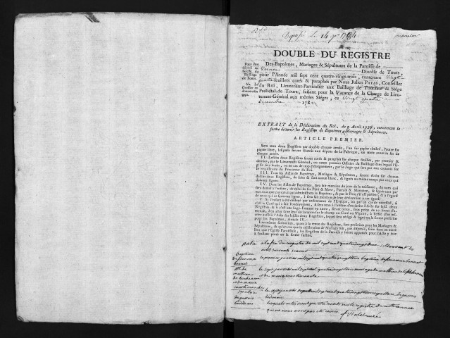 Collection du greffe. Baptêmes, mariages, sépultures, 1783