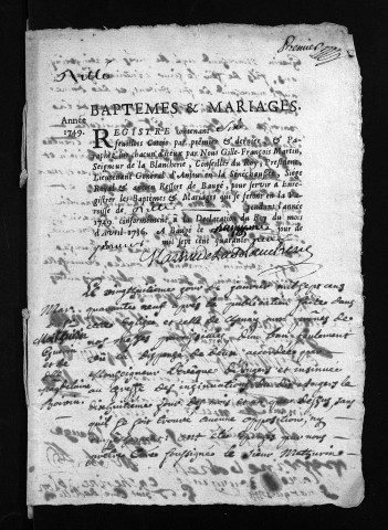 Baptêmes, mariages, 1749