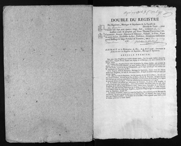 Collection du greffe. Baptêmes, mariages, sépultures, 1788-1789