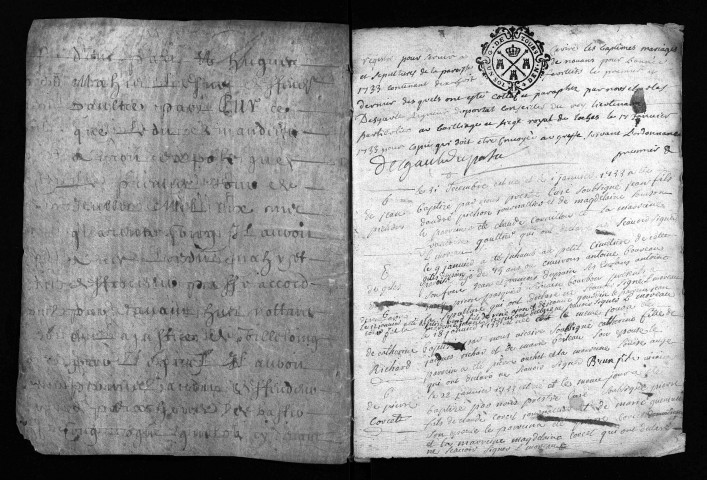 Collection du greffe. Baptêmes, mariages, sépultures, 1733