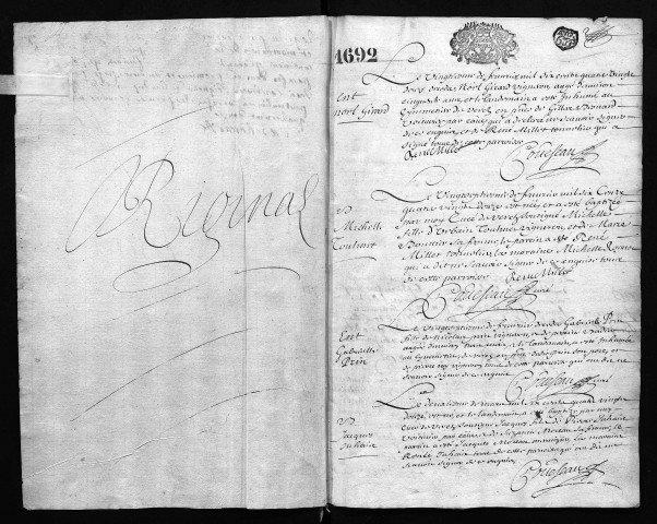 Collection communale. Baptêmes, mariages, sépultures, 1692-1699