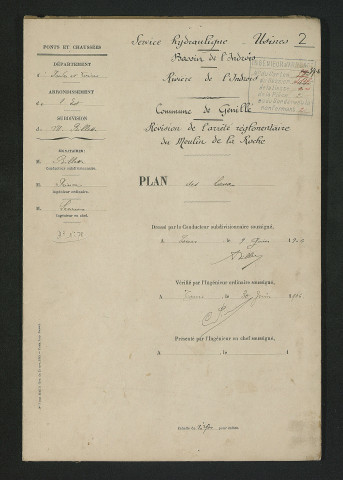 Révision du règlement d'eau : plan des lieux, profils en long et en travers, plan et détails (9 juin 1906)